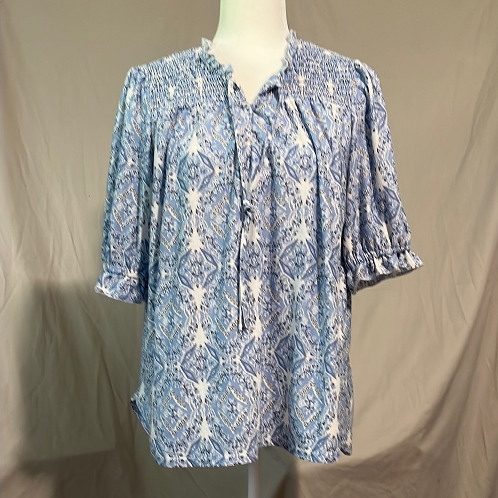 MELLODAY Blue Tie Front Blouse with shirred bodice
